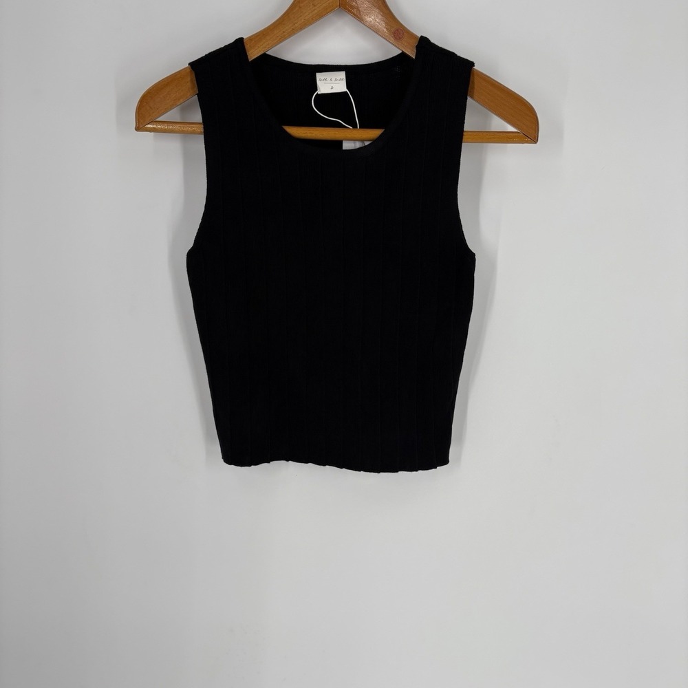 Silk & Salt Womens Ribbed‎ Knit Top Small Black Cropped Minimal Dark Academia